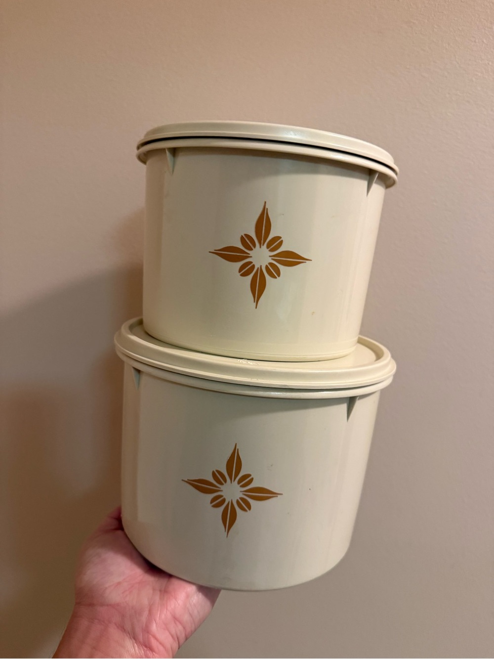 Vintage Tupperware Cream Storage Canisters with Gold Star Motif - Set of 2